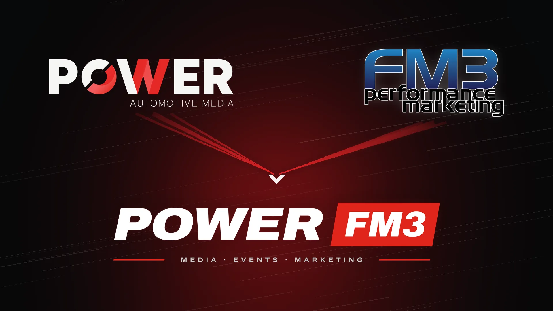 The POWER and FM3 Performance Marketing logos coming together to form the POWER FM3 logo